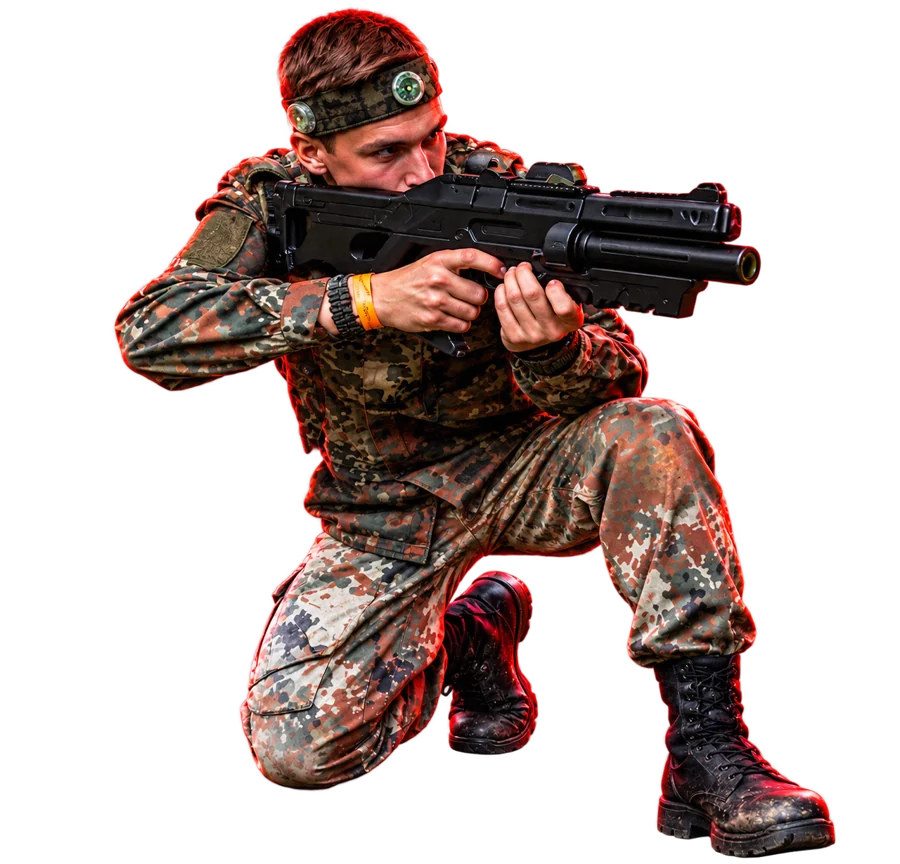 HAVOC laser tag player kneeling and aiming a tactical rifle